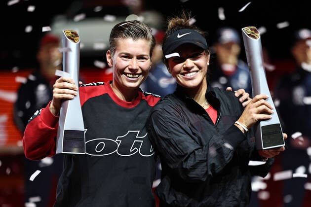 Demi Schuurs, NED cap , and Desirae Krawczyk, USA, after doubles finals at 2022 Porsche Tennis Grand Prix in Stuttgart, 24 04 2022