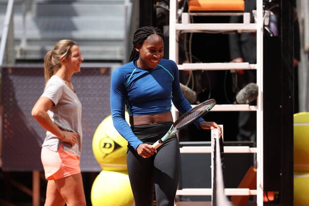 April 26, 2022, MADRID, MADRID, SPAIN: Cori Gauff of United States practice during her practice during the WTA, Tennis Damen match draw during the Mutua Madrid Open 2022 celebrated at La Caja Magica on April 26, 2022, in Madrid, Spain. MADRID SPAIN - ZUMAa181 20220426_zaa_a181_048 Copyright: xOscarxJ.xBarrosox