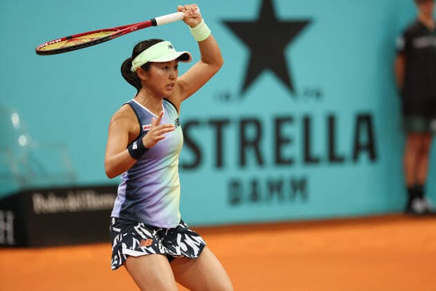 April 26, 2022, MADRID, MADRID, SPAIN: Misaki Doi of Japan in action against Andrea Petkovic of Germany during the Qualifiers 1 during the Mutua Madrid Open 2022 celebrated at La Caja Magica on April 26, 2022, in Madrid, Spain. MADRID SPAIN - ZUMAa181 20220426_zaa_a181_116 Copyright: xOscarxJ.xBarrosox