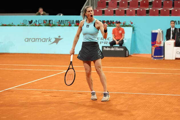 April 26, 2022, MADRID, MADRID, SPAIN: Andrea Petkovic of Germany in action against Misaki Doi of Japan during the Qualifiers 1 during the Mutua Madrid Open 2022 celebrated at La Caja Magica on April 26, 2022, in Madrid, Spain. MADRID SPAIN - ZUMAa181 20220426_zaa_a181_132 Copyright: xOscarxJ.xBarrosox