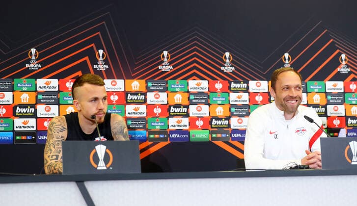 RB Leipzig press conference 27 04 2022 Leipzig, 27 04 2022, RBL training center, football, Eropa League , RB Leipzig, press conference before the EL game against Glasgow Rangers , In picture v l Angeli-o Angelino 3, RB Leipzig and Co coach Andreas Hinkel RB Leipzig , Picture Point
