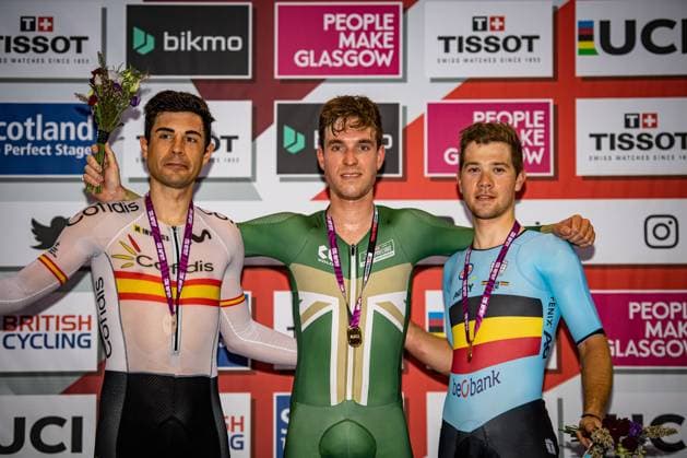 MORA VEDRI Sebastian, WOOD Oliver, VAN DEN BOSSCHE Fabio UCI Track Nations Cup Glasgow 2022 MORA VEDRI Sebastian ESP SPAIN Second Place WOOD Oliver GBR GREAT BRITAIN Winner First Place VAN DEN BOSSCHE Fabio BELGIUM Third Place Award Ceremony Medal Ceremony Podium Landscape Event UCI Track Nations Cup Glasgow 2022 Category Category Cycling Track Cycling Track Nations Cup Elite Men Location Location Europe Great Britain Scotland Glasgow Sir Chris Hoy Arena Discipline Omnium Distance m Date 24 04 2022 Sunday Day 4