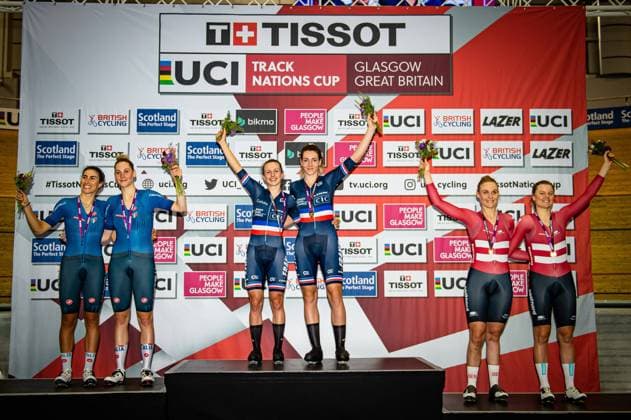 BALSAMO Elisa, GUAZZINI Vittoria, FORTIN Valentine, BORRAS Marion, LETH Julie, DIDERIKSEN Amalie UCI Track Nations Cup Glasgow 2022 BALSAMO Elisa GUAZZINI Vittoria ITA ITALY Second Place FORTIN Valentine BORRAS Marion FRA FRANCE Winner First Place LETH Julie DIDERIKSEN Amalie DEN DENMARK Third Place Award Ceremony Medal Cereony Podium Landscape landscape horizontal Landscape Event Event UCI Track Nations Cup Glasgow 2022 Category Category Cycling Track Cycling Track Nations Cup Elite Women Location Place Europe Great Britain Scotland Glasgow Sir Chris Hoy Arena Discipline Madison Distance 30 km Date Date 24 04 2022 Sunday Day 4