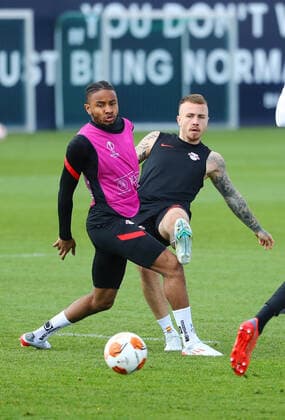 Europa League RB Leipzig training 27 04 2022 Leipzig, 27 04 2022, RB training center, Europa League, semifinals , RB Leipzig final training the day before RBL v Glasgow Rangers , Pictured v l Christopher Nkunku 18, RB Leipzig and Angeli-o Angelino 3, RB Leipzig , Picture Point