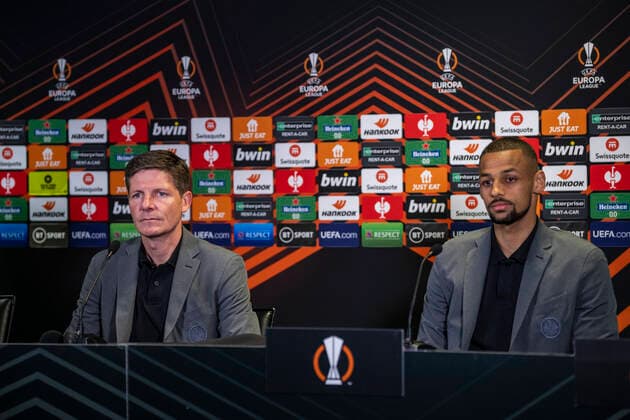 27 04 2022, xkvx, football UEFA Europa League, Eintracht Frankfurt press conference emspor, v l coach Oliver Glasner Eintracht Frankfurt , Djibril Sow Eintracht Frankfurt DFL DFB REGULATES PROHIBIT ANY USE OF PHOTOGRAPHS as IMAGE SEQUENCES and or QUASI VIDEO London