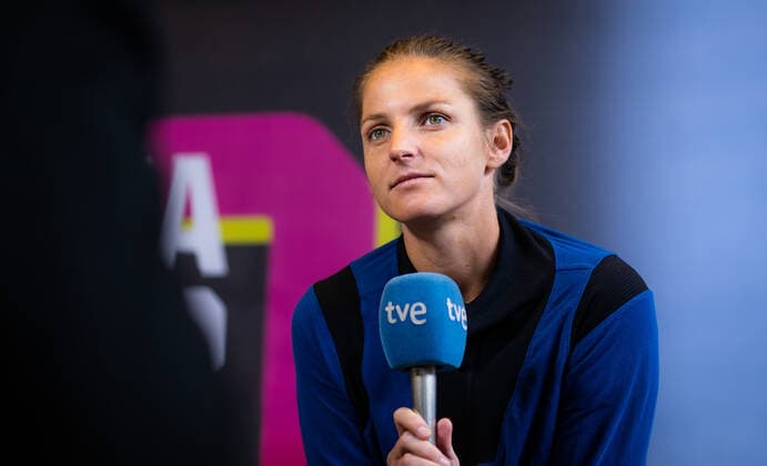 April 27, 2022, MADRID, MADRID, SPAIN: Karolina Pliskova of the Czech Republic talks to the media ahead of the 2022 Mutua Madrid Open WTA, Tennis Damen 1000 tennis tournament MADRID SPAIN - ZUMAa181 20220427_zaa_a181_191 Copyright: xRobxPrangex