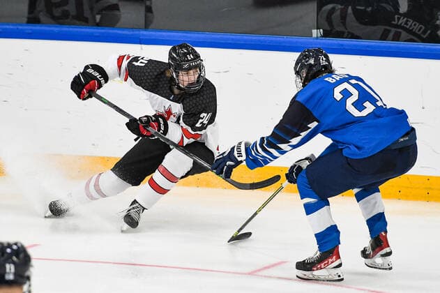 IIHF Ice Hockey U18 World Championship 2022, Finland FIN vs Canada CAN 28 04 2022, Erdgas Schwaben Arena, Kaufbeuren, IIHF Ice Hockey U18 World Championship 2022, Finland FIN vs Canada CAN , in picture Rieger Lorenz CAN, 24 , Samu Bau FIN, 21 nordphotoxGmbHx xHafner nph00200