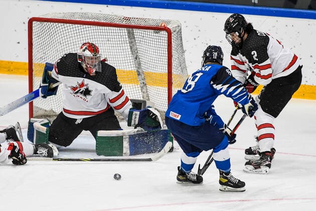 IIHF Ice Hockey U18 World Championship 2022, Finland FIN vs Canada CAN 28 04 2022, Erdgas Schwaben Arena, Kaufbeuren, IIHF Ice Hockey U18 World Championship 2022, Finland FIN vs Canada CAN , in picture Reid Dyck CAN, 30 , Jere Lassila FIN, 28 , Nolan Collins CAN, 2 nordphotoxGmbHx xHafner nph00200