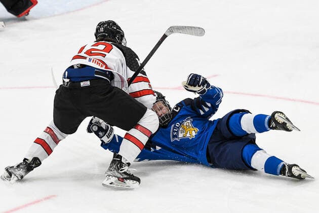 IIHF Ice Hockey U18 World Championship 2022, Finland FIN vs Canada CAN 28 04 2022, Erdgas Schwaben Arena, Kaufbeuren, IIHF Ice Hockey U18 World Championship 2022, Finland FIN vs Canada CAN , in picture Josh Filmon CAN, 12 , Jere Lassila FIN, 28 nordphotoxGmbHx xHafner nph00200
