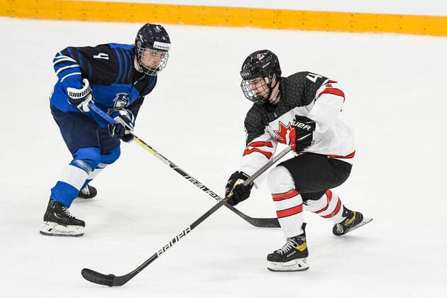 IIHF Ice Hockey U18 World Championship 2022, Finland FIN vs Canada CAN 28 04 2022, Erdgas Schwaben Arena, Kaufbeuren, IIHF Ice Hockey U18 World Championship 2022, Finland FIN vs Canada CAN , in picture Elmeri Laakso FIN, 4 , Michael Mastrodomenico CAN, 4 nordphotoxGmbHx xHafner nph00200
