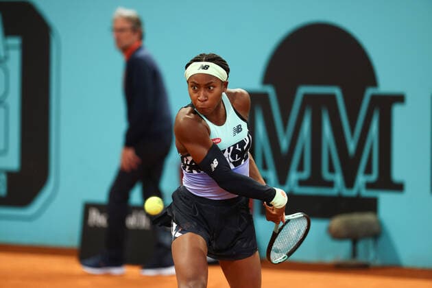 April 28, 2022, MADRID, MADRID, SPAIN: Cori Gauff of United States in action against Anna Karolina Schmiedlova of Slovenia during the Mutua Madrid Open 2022 celebrated at La Caja Magica on April 27, 2022, in Madrid, Spain. MADRID SPAIN - ZUMAa181 20220428_zaa_a181_038 Copyright: xOscarxJ.xBarrosox