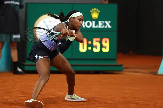 April 28, 2022, MADRID, MADRID, SPAIN: Cori Gauff of United States in action against Anna Karolina Schmiedlova of Slovenia during the Mutua Madrid Open 2022 celebrated at La Caja Magica on April 27, 2022, in Madrid, Spain. MADRID SPAIN - ZUMAa181 20220428_zaa_a181_043 Copyright: xOscarxJ.xBarrosox