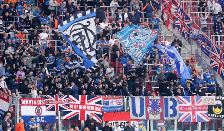 RB Leipzig Glasgow Rangers 28 04 2022 Leipzig, 28 04 2022, Red Bull Arena, Football, UEFA Europa League, Semi final first leg, RB Leipzig vs Rangers FC Glasgow , In picture Fans of Glasgow Rangers , UEFA regulations prohibit any use of photographs as image sequences and or quasi video