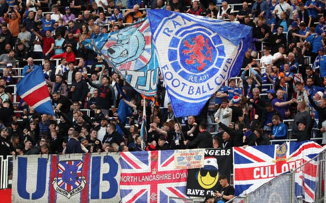 Glasgow Rangers fan block Rangers fans flags sports football soccer UEFA Euroleague Europa League UEL semifinal first leg men season 2021 2022 28 04 2022 Rasen Ballsport RB Leipzig RBL vs Glasgow Rangers FC DFL regulations prohibit any use of photographs as image sequences and or quasi video