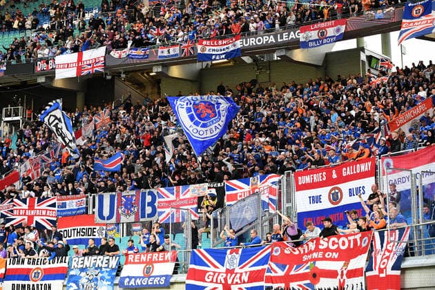 Football, men, 2021 2022 season, Europa League semifinals, first leg , RB Leipzig Glasgow Rangers, Glasgow fans, 28 04 2022, Copyright: xSebastianxRäppold MatthiasxKochx