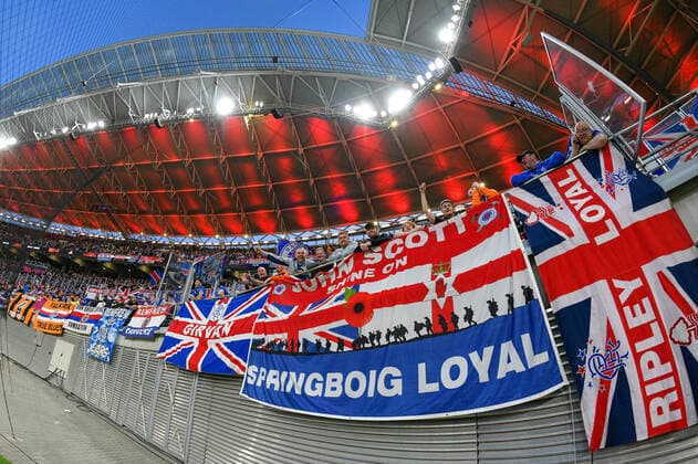 Glasgow Rangers fans, RB Leipzig vs Glasgow Rangers, Football, Europa League, 28 04 2022 DFB DFL REGULATES PROHIBIT ANY USE OF PHOTOGRAPHS AS IMAGE SEQUENCES AND OR QUASI VIDEO RB Leipzig vs Glasgow Rangers, Football, Europa League, 28 04 2022 Leipzig Copyright: xBertxHarzer xEibner-Pressefotox