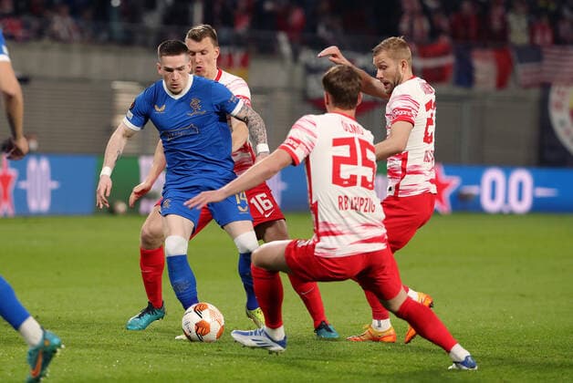 Ryan Kent, Dani Olmo, Konrad Laimer action match scene duel sports soccer UEFA Euroleague Europa League UEL semifinal first leg men season 2021 2022 28 04 2022 Rasen Ballsport RB Leipzig RBL vs Glasgow Rangers FC DFL regulations prohibit any use of photographs as image sequences and or quasi video