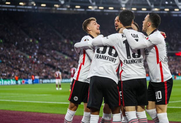 Mandatory Credit: Photo by Andrew Fosker Shutterstock (12914204ai) Ansgar Knauff of Eintracht Frankfurt celebrates scoring the opening goal 0-1 West Ham United v Eintracht Frankfurt, UEFA Europa League, Semi-Final, First Leg, Football, The London Stadium, London, UK - 28 Apr 2022 EDITORIAL USE ONLY No use with unauthorised audio, video, data, fixture lists, club league logos or live services. Online in-match use limited to 120 images, no video emulation. No use in betting, games or single club league player publications. West Ham United v Eintracht Frankfurt, UEFA Europa League, Semi-Final, First Leg, Football, The London Stadium, London, UK - 28 Apr 2022 EDITORIAL USE ONLY No use with unauthorised audio, video, data, fixture lists, club league logos or live services. Online in-match use limited to 120 images, no video emulation. No use in betting, games or single club league player publications.  Copyright: xAndrewxFosker Shutterstockx 12914204ai