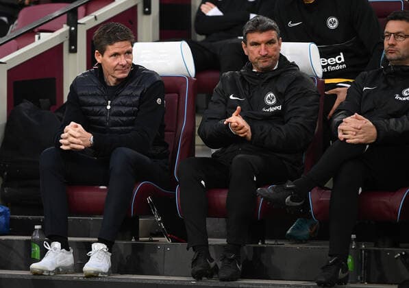 28 04 2022, xkvx, football UEFA Europa League, West Ham United Eintracht Frankfurt emspor, v l coach Oliver Glasner Eintracht Frankfurt zautz, co coach Michael Angerschmid Eintracht Frankfurt , co coach Ronald Brunmayr Eintracht Frankfurt DFL DFB REGULATIONS PROHIBIT ANY USE OF PHOTOGRAPHS AS IMAGE SEQUENCES AND OR QUASI VIDEO London