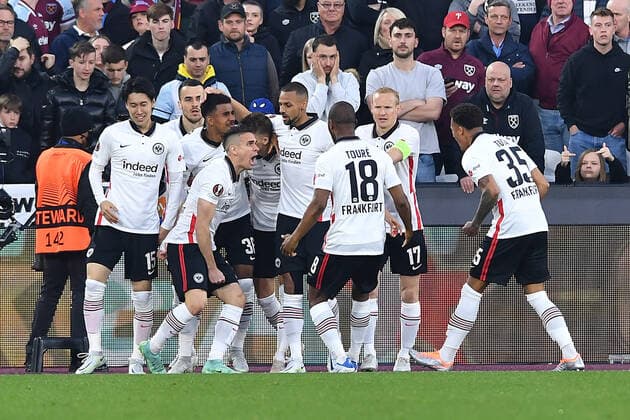 Soccer Europa League semifinal West Ham United Eintracht Frankfurt on 28 04 2022 at the Olympic Stadium London in London goal cheer goal to 0 1 by Ansgar Knauff Frankfurt xHDx
