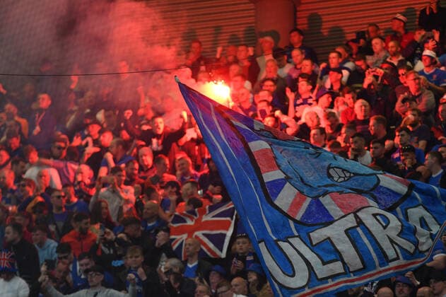 Bengal fire from Glasgow Rangers fans, RB Leipzig vs Glasgow Rangers, Football, Europa League, 28 04 2022 DFB DFL REGULATES PROHIBIT ANY USE OF PHOTOGRAPHS AS IMAGE SEQUENCES AND OR QUASI VIDEO RB Leipzig vs Glasgow Rangers, Football, Europa League, 28 04 2022 Leipzig Copyright: xBertxHarzer xEibner-Pressefotox