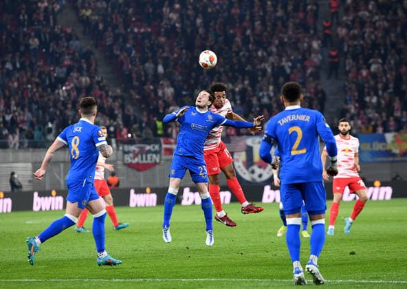 Football, men, 2021 2022 season, Europa League semifinals, first leg , RB Leipzig Glasgow Rangers, v l Ryan Jack Glasgow Rangers , Scott Writh Glasgow Rangers , Tyler Adams RB Leipzig , James Tavernier Glasgow Rangers , 28 04 2022, Copyright: xSebastianxRäppold MatthiasxKochx