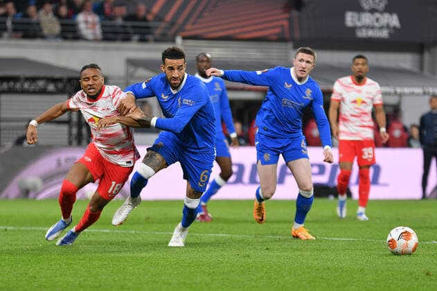 Connor Goldson Glasgow Rangers center, pushes Christopher Nkunku RB Leipzig li , to the ground, RB Leipzig vs Glasgow Rangers, Football, Europa League, 28 04 2022 DFB DFL REGULATES PROHIBIT ANY USE OF PHOTOGRAPHS AS IMAGE SEQUENCES AND OR QUASI VIDEO RB Leipzig vs Glasgow Rangers, Football, Europa League, 28 04 2022 Leipzig Copyright: xBertxHarzer xEibner-Pressefotox