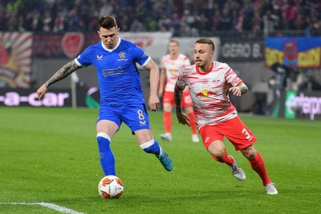 Ryan Jack Glasgow Rangers left and Angelino RB Leipzig right , RB Leipzig vs Glasgow Rangers, Football, Europa League, 28 04 2022 DFB DFL REGULATIONS PROHIBIT ANY USE OF PHOTOGRAPHS AS IMAGE SEQUENCES AND OR QUASI VIDEO RB Leipzig vs Glasgow Rangers, Football, Europa League, 28 04 2022 Leipzig Copyright: xBertxHarzer xEibner-Pressefotox