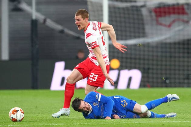 28 04 2022, xtgx, football UEFA European League, RB Leipzig Glasgow Rangers FC emspor, v l Marcel Halstenberg Leipzig, 23 , Scott Wright Glasgow Rangers, 23 duel, duel, fight, tackle DFL DFB REGULATIONS PROHIBIT ANY USE OF PHOTOGRAPHS as IMAGE SEQUENCES and or QUASI VIDEO Leipzig