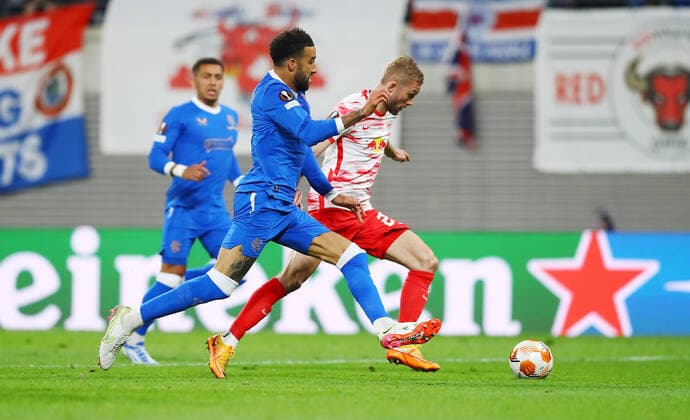 RB Leipzig Glasgow Rangers 28 04 2022 Leipzig, 28 04 2022, Red Bull Arena, Football, UEFA Europa League, Semi Final , RB Leipzig vs Glasgow Rangers FC , Pictured v l Connor Goldson 6, Rangers and Konrad Laimer 27, RB Leipzig , UEFA regulations prohibit any use of photographs as image sequences and or quasi video , Picture Point