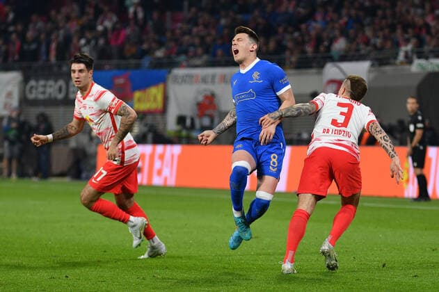 Angelino RB Leipzig r , brings down Ryan Jack Glasgow Rangers center Dominik Szoboszlai RB Leipzig li , RB Leipzig vs Glasgow Rangers, Football, Europa League, 28 04 2022 DFB DFL REGULATES PROHIBIT ANY USE OF PHOTOGRAPHS AS IMAGE SEQUENCES AND OR QUASI VIDEO RB Leipzig vs Glasgow Rangers, Football, Europa League, 28 04 2022 Leipzig Copyright: xBertxHarzer xEibner-Pressefotox