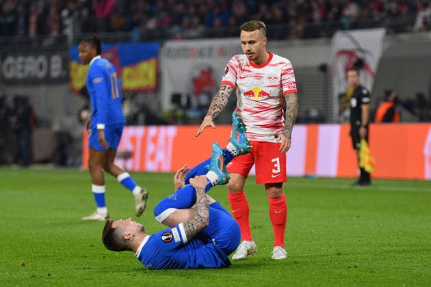 Angelino RB Leipzig re , brings down Ryan Jack Glasgow Rangers, RB Leipzig vs Glasgow Rangers, Football, Europa League, 28 04 2022 DFB DFL REGULATES PROHIBIT ANY USE OF PHOTOGRAPHS AS IMAGE SEQUENCES AND OR QUASI VIDEO RB Leipzig vs Glasgow Rangers, Football, Europa League, 28 04 2022 Leipzig Copyright: xBertxHarzer xEibner-Pressefotox
