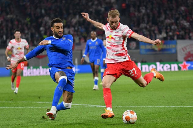 Connor Goldson Glasgow Rangers left and Konrad Laimer RB Leipzig right , RB Leipzig vs Glasgow Rangers, Football, Europa League, 28 04 2022 DFB DFL REGULATES PROHIBIT ANY USE OF PHOTOGRAPHS AS IMAGE SEQUENCES AND OR QUASI VIDEO RB Leipzig vs Glasgow Rangers, Football, Europa League, 28 04 2022 Leipzig Copyright: xBertxHarzer xEibner-Pressefotox