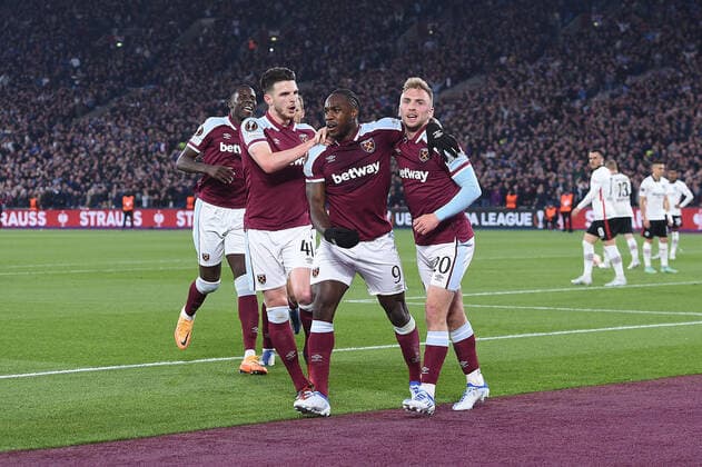 Soccer Europa League semifinal West Ham United Eintracht Frankfurt on 28 04 2022 at the Olympic Stadium London in London goal cheer goal to 1 1 by Michail Antonio West Ham xHDx
