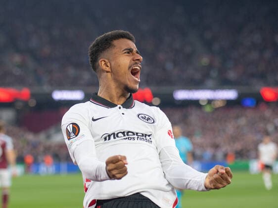 Eintracht Frankfurt Ansgar Knauff celebrating first goal during the UEFA Europa League match between West Ham United and Eintracht Frankfurt at the Olympic Park, London, England on 28 April 2022. Copyright: xAndrewxAleksiejczukx PMI-4913-0005