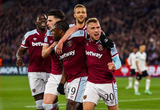 Mandatory Credit: Photo by Simon Dael Shutterstock (12914205ax) Michail Antonio of West Ham United celebrates scoring the equalising goal 1-1 West Ham United v Eintracht Frankfurt, UEFA Europa League, Semi-Final, First Leg, Football, The London Stadium, London, UK - 28 Apr 2022 EDITORIAL USE ONLY No use with unauthorised audio, video, data, fixture lists, club league logos or live services. Online in-match use limited to 120 images, no video emulation. No use in betting, games or single club league player publications. West Ham United v Eintracht Frankfurt, UEFA Europa League, Semi-Final, First Leg, Football, The London Stadium, London, UK - 28 Apr 2022 EDITORIAL USE ONLY No use with unauthorised audio, video, data, fixture lists, club league logos or live services. Online in-match use limited to 120 images, no video emulation. No use in betting, games or single club league player publications.  Copyright: xSimonxDael Shutterstockx 12914205ax