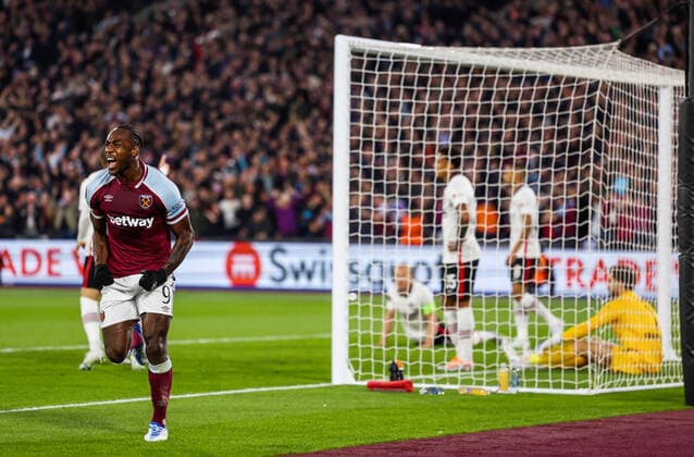 Mandatory Credit: Photo by Simon Dael Shutterstock (12914205av) Michail Antonio of West Ham United celebrates scoring the equalising goal 1-1 West Ham United v Eintracht Frankfurt, UEFA Europa League, Semi-Final, First Leg, Football, The London Stadium, London, UK - 28 Apr 2022 EDITORIAL USE ONLY No use with unauthorised audio, video, data, fixture lists, club league logos or live services. Online in-match use limited to 120 images, no video emulation. No use in betting, games or single club league player publications. West Ham United v Eintracht Frankfurt, UEFA Europa League, Semi-Final, First Leg, Football, The London Stadium, London, UK - 28 Apr 2022 EDITORIAL USE ONLY No use with unauthorised audio, video, data, fixture lists, club league logos or live services. Online in-match use limited to 120 images, no video emulation. No use in betting, games or single club league player publications.  Copyright: xSimonxDael Shutterstockx 12914205av