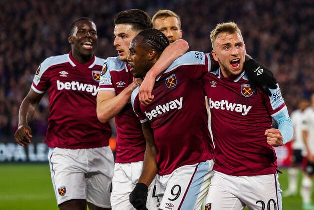 Mandatory Credit: Photo by Simon Dael Shutterstock (12914205aw) Michail Antonio of West Ham United celebrates scoring the equalising goal 1-1 West Ham United v Eintracht Frankfurt, UEFA Europa League, Semi-Final, First Leg, Football, The London Stadium, London, UK - 28 Apr 2022 EDITORIAL USE ONLY No use with unauthorised audio, video, data, fixture lists, club league logos or live services. Online in-match use limited to 120 images, no video emulation. No use in betting, games or single club league player publications. West Ham United v Eintracht Frankfurt, UEFA Europa League, Semi-Final, First Leg, Football, The London Stadium, London, UK - 28 Apr 2022 EDITORIAL USE ONLY No use with unauthorised audio, video, data, fixture lists, club league logos or live services. Online in-match use limited to 120 images, no video emulation. No use in betting, games or single club league player publications.  Copyright: xSimonxDael Shutterstockx 12914205aw