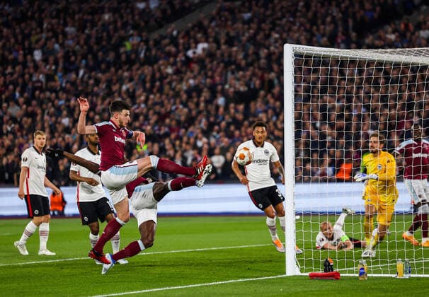 Mandatory Credit: Photo by Simon Dael Shutterstock (12914205as) Michail Antonio of West Ham United scores the equalising goal 1-1 with Declan Rice close by West Ham United v Eintracht Frankfurt, UEFA Europa League, Semi-Final, First Leg, Football, The London Stadium, London, UK - 28 Apr 2022 EDITORIAL USE ONLY No use with unauthorised audio, video, data, fixture lists, club league logos or live services. Online in-match use limited to 120 images, no video emulation. No use in betting, games or single club league player publications. West Ham United v Eintracht Frankfurt, UEFA Europa League, Semi-Final, First Leg, Football, The London Stadium, London, UK - 28 Apr 2022 EDITORIAL USE ONLY No use with unauthorised audio, video, data, fixture lists, club league logos or live services. Online in-match use limited to 120 images, no video emulation. No use in betting, games or single club league player publications.  Copyright: xSimonxDael Shutterstockx 12914205as