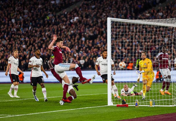 Mandatory Credit: Photo by Simon Dael Shutterstock (12914205at) Michail Antonio of West Ham United scores the equalising goal 1-1 with Declan Rice close by West Ham United v Eintracht Frankfurt, UEFA Europa League, Semi-Final, First Leg, Football, The London Stadium, London, UK - 28 Apr 2022 EDITORIAL USE ONLY No use with unauthorised audio, video, data, fixture lists, club league logos or live services. Online in-match use limited to 120 images, no video emulation. No use in betting, games or single club league player publications. West Ham United v Eintracht Frankfurt, UEFA Europa League, Semi-Final, First Leg, Football, The London Stadium, London, UK - 28 Apr 2022 EDITORIAL USE ONLY No use with unauthorised audio, video, data, fixture lists, club league logos or live services. Online in-match use limited to 120 images, no video emulation. No use in betting, games or single club league player publications. Copyright: xSimonxDael Shutterstockx 12914205at