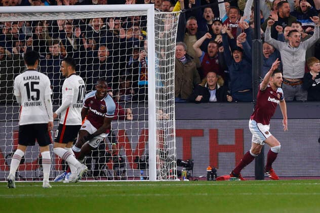 West Ham United v Eintracht Frankfurt UEFA Europa League Michail Antonio of West Ham United celebrates scoring his sides 1st goal during the UEFA Europa League Semi-Final First Leg match at the London Stadium, Stratford Content Not Available For UK Newspapers Copyright: xPaulxChestertonx FIL-16854-0015 UK Newspapers OUT
