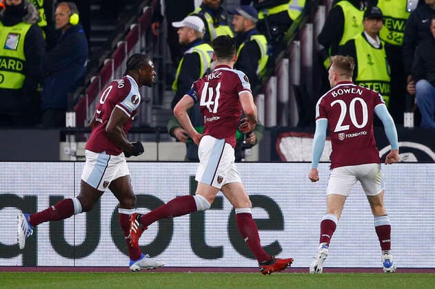 West Ham United v Eintracht Frankfurt UEFA Europa League Michail Antonio of West Ham United celebrates scoring his sides 1st goal during the UEFA Europa League Semi-Final First Leg match at the London Stadium, Stratford Content Not Available For UK Newspapers Copyright: xPaulxChestertonx FIL-16854-0018 UK Newspapers OUT