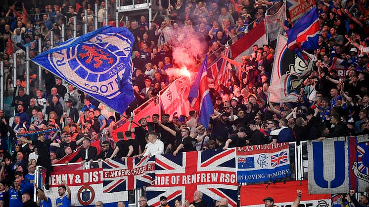 Soccer UEFA Europa League, semi-final, first leg season 2021 2022, RB Leipzig vs Glasgow Rangers 28 04 2022 Rangers fans in the fan block with pyrotechnics Pyro at the match RB Leipzig vs Glasgow Rangers 28 04 2022 Leipzig Saxony Germany Red Bull Arena