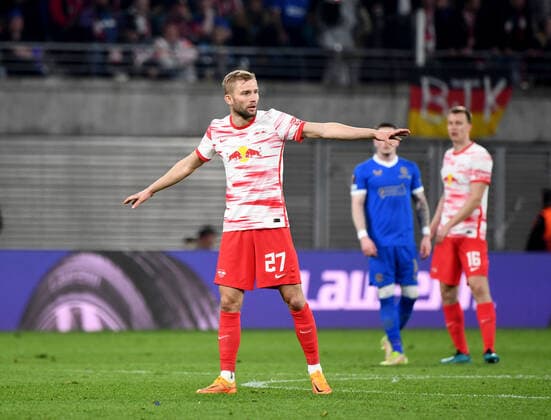 Football, men, 2021 2022 season, Europa League semifinals, first leg , RB Leipzig Glasgow Rangers, Konrad Laimer RB Leipzig , 28 04 2022, Copyright: xSebastianxRäppold MatthiasxKochx