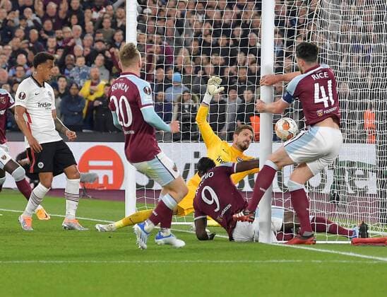 Mandatory Credit: Photo by Arfa Griffiths West Ham United Shutterstock (12914202ad) Michail Antonio of West Ham United scores West Ham United v Eintracht Frankfurt, UEFA Europa League, Semi-Final, First Leg, Football, The London Stadium, London, UK - 28 Apr 2022 EDITORIAL USE ONLY No use with unauthorised audio, video, data, fixture lists, club league logos or live services. Online in-match use limited to 120 images, no video emulation. No use in betting, games or single club league player publications. West Ham United v Eintracht Frankfurt, UEFA Europa League, Semi-Final, First Leg, Football, The London Stadium, London, UK - 28 Apr 2022 EDITORIAL USE ONLY No use with unauthorised audio, video, data, fixture lists, club league logos or live services. Online in-match use limited to 120 images, no video emulation. No use in betting, games or single club league player publications. Copyright: xArfaxGriffiths WestxHamxUnited Shutterstockx 12914202ad