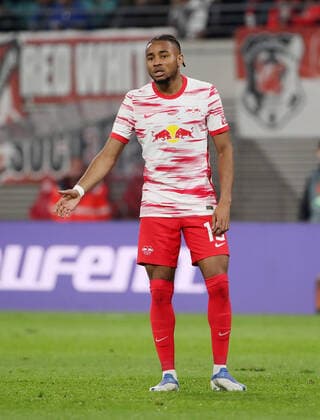 Christopher Nkunku disappointed disappointment sports soccer soccer UEFA Euroleague Europa League UEL semifinal first leg men season 2021 2022 28 04 2022 Rasen Ballsport RB Leipzig RBL vs Glasgow Rangers FC DFL regulations prohibit any use of photographs as image sequences and or quasi video