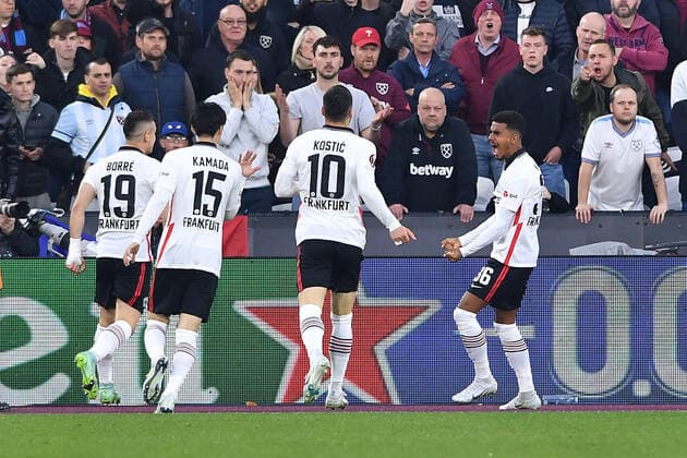 Soccer Europa League semifinal West Ham United Eintracht Frankfurt on 28 04 2022 at the Olympic Stadium London in London goal cheer goal to 0 1 by Ansgar Knauff Frankfurt xHDx