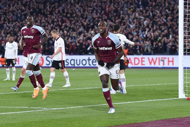 Soccer Europa League semifinal West Ham United Eintracht Frankfurt on 28 04 2022 at the Olympic Stadium London in London goal cheer goal to 1 1 by Michail Antonio West Ham xHDx