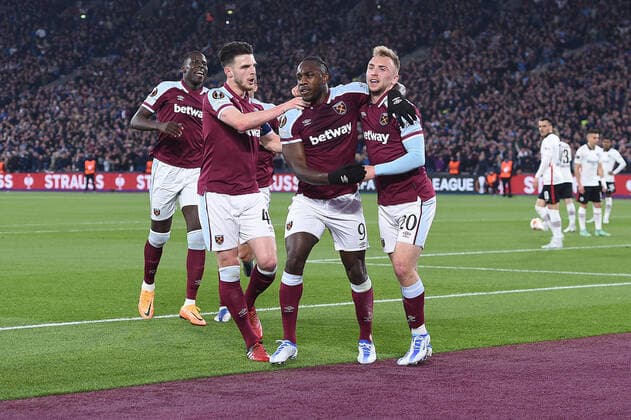 Soccer Europa League semifinal West Ham United Eintracht Frankfurt on 28 04 2022 at the Olympic Stadium London in London goal cheer goal to 1 1 by Michail Antonio West Ham xHDx