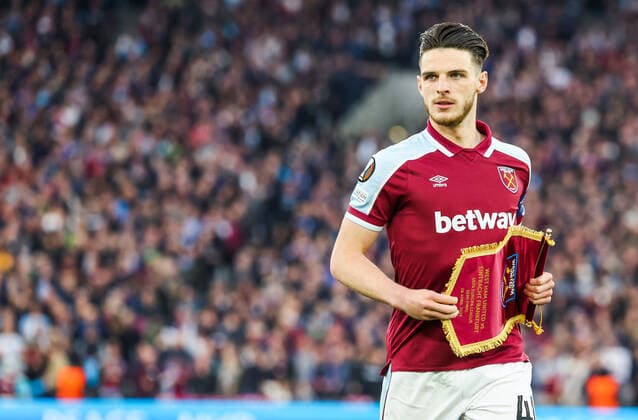 Mandatory Credit: Photo by Simon Dael Shutterstock (12914205ck) Declan Rice of West Ham United West Ham United v Eintracht Frankfurt, UEFA Europa League, Semi-Final, First Leg, Football, The London Stadium, London, UK - 28 Apr 2022 EDITORIAL USE ONLY No use with unauthorised audio, video, data, fixture lists, club league logos or live services. Online in-match use limited to 120 images, no video emulation. No use in betting, games or single club league player publications. West Ham United v Eintracht Frankfurt, UEFA Europa League, Semi-Final, First Leg, Football, The London Stadium, London, UK - 28 Apr 2022 EDITORIAL USE ONLY No use with unauthorised audio, video, data, fixture lists, club league logos or live services. Online in-match use limited to 120 images, no video emulation. No use in betting, games or single club league player publications. Copyright: xSimonxDael Shutterstockx 12914205ck